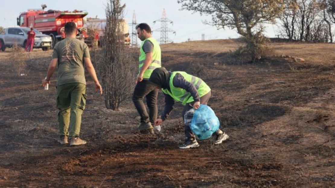 Gönüllüler, yanan ormanlık alandaki çöpleri topladı