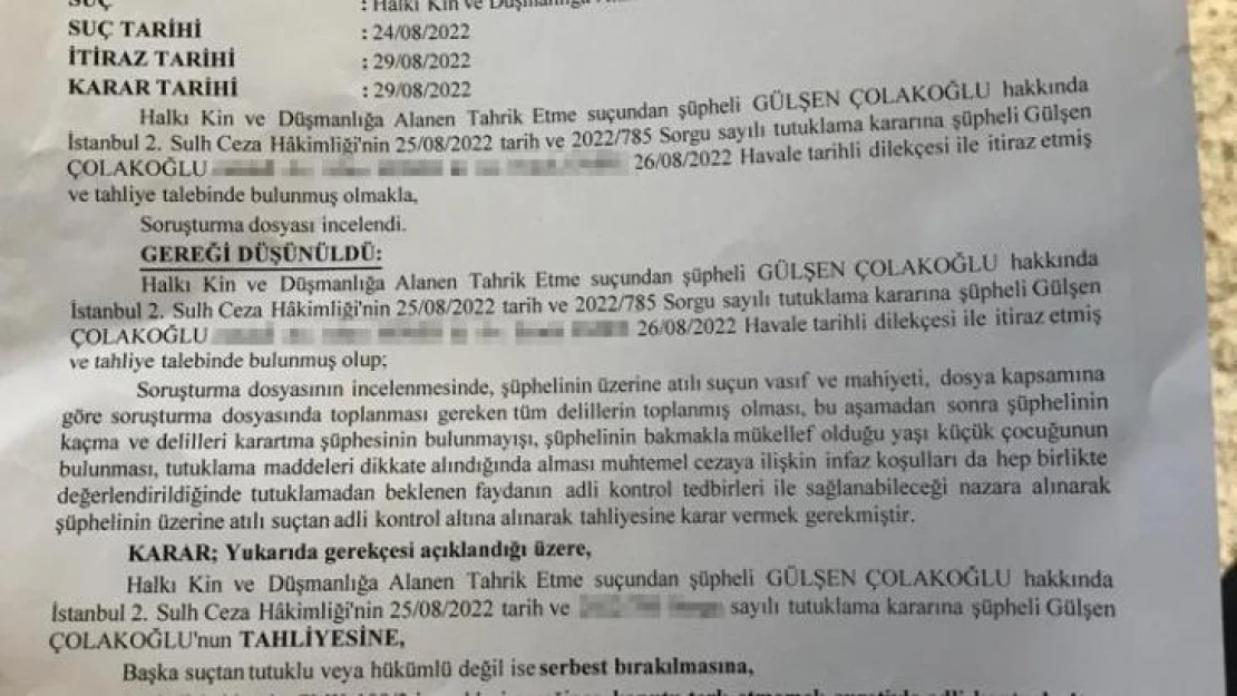 Gülşen hakkında tahliye kararı