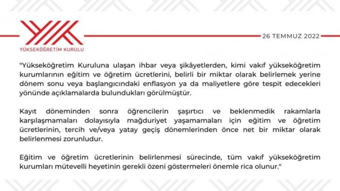 YÖK'ten vakıf yükseköğretim kurumlarına 'eğitim ücreti' uyarısı