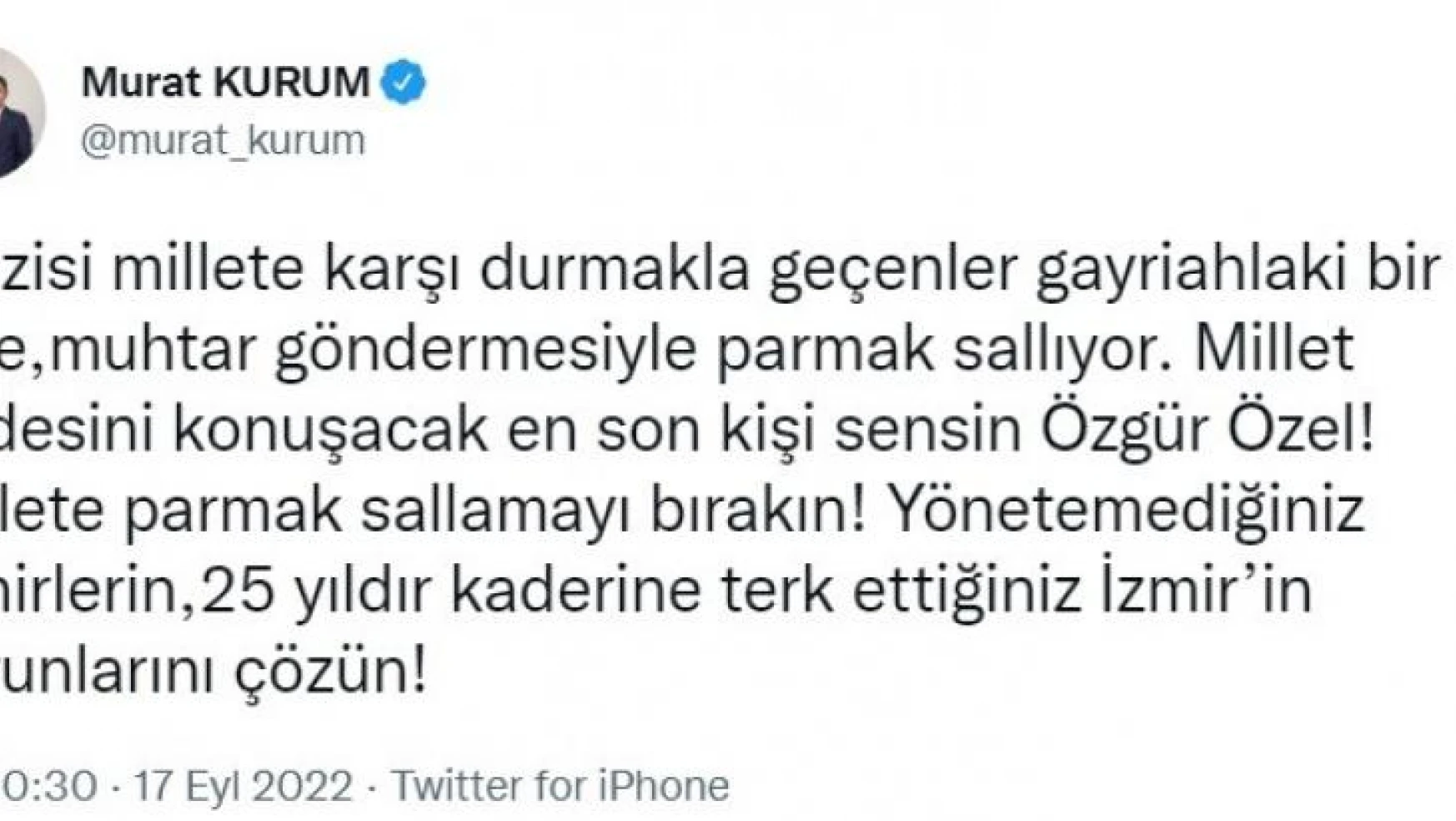 Bakan Kurum'dan CHP'li Özgür Özel'e yanıt: 'Millete parmak sallamayı bırakın'