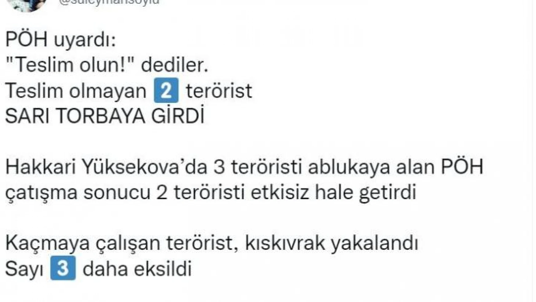 Bakan Soylu: 'Teslim olmayan 2 terörist sarı torbaya girdi'