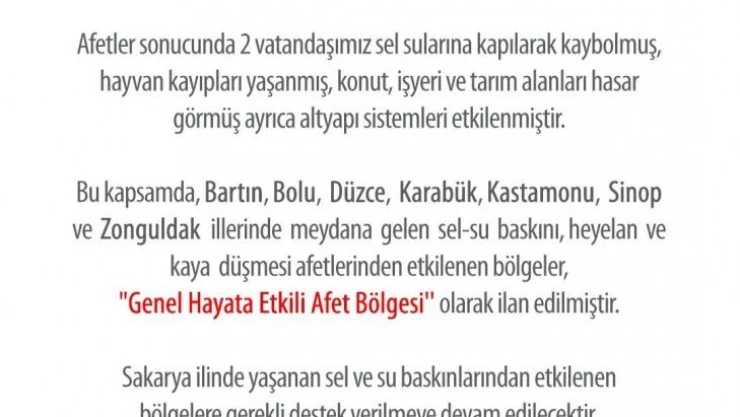 AFAD 7 ilin 'Genel Hayata Etkili Afet Bölgesi' olarak ilan edildiğini duyurdu