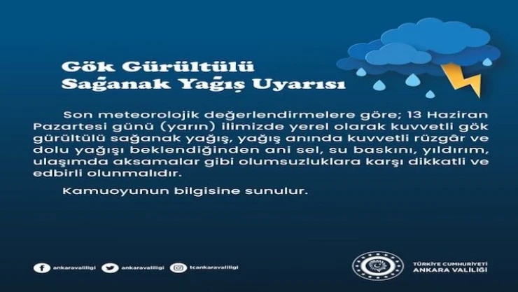 Ankara için gök gürültülü sağanak, sel, yıldırım uyarısı
